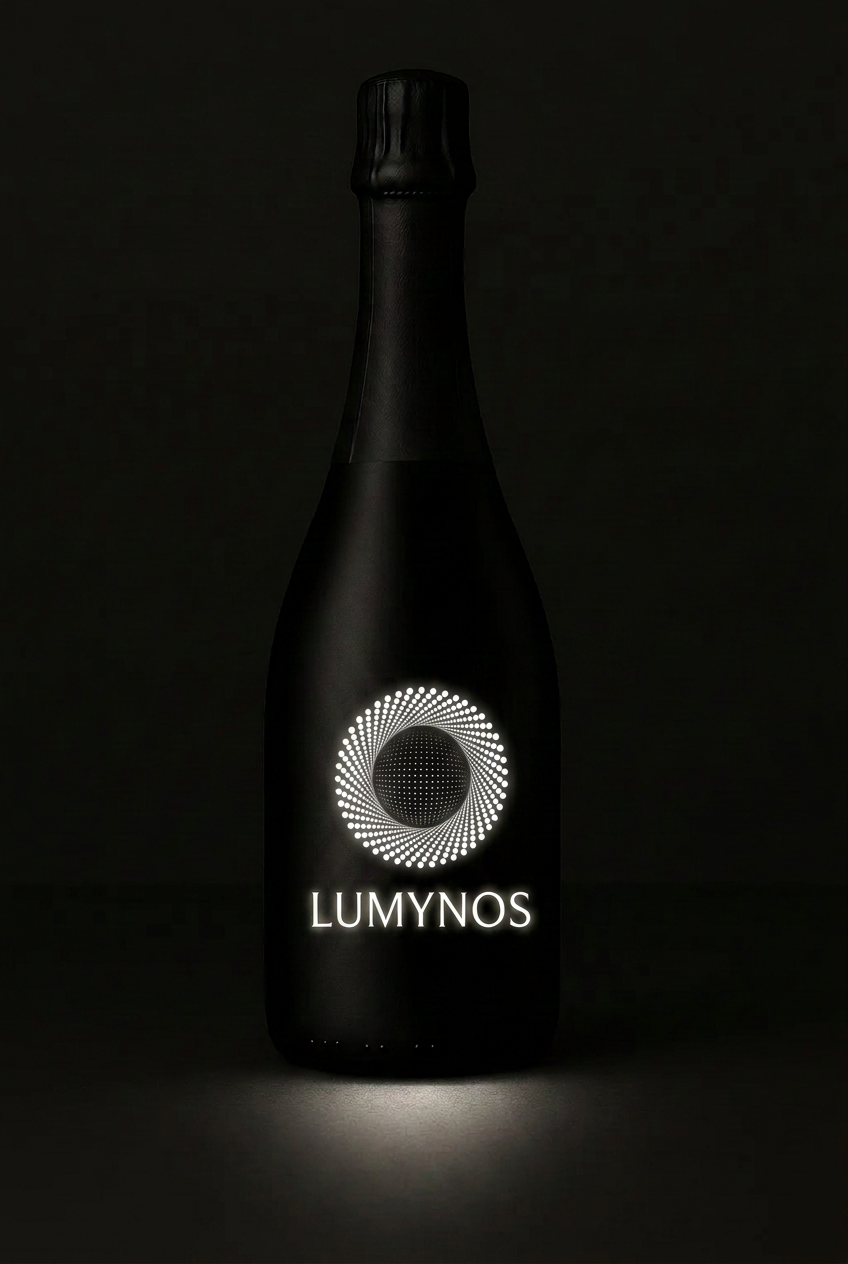 Celá láhev LUMYNOS se svítícím logem a nápisem LUMYNOS