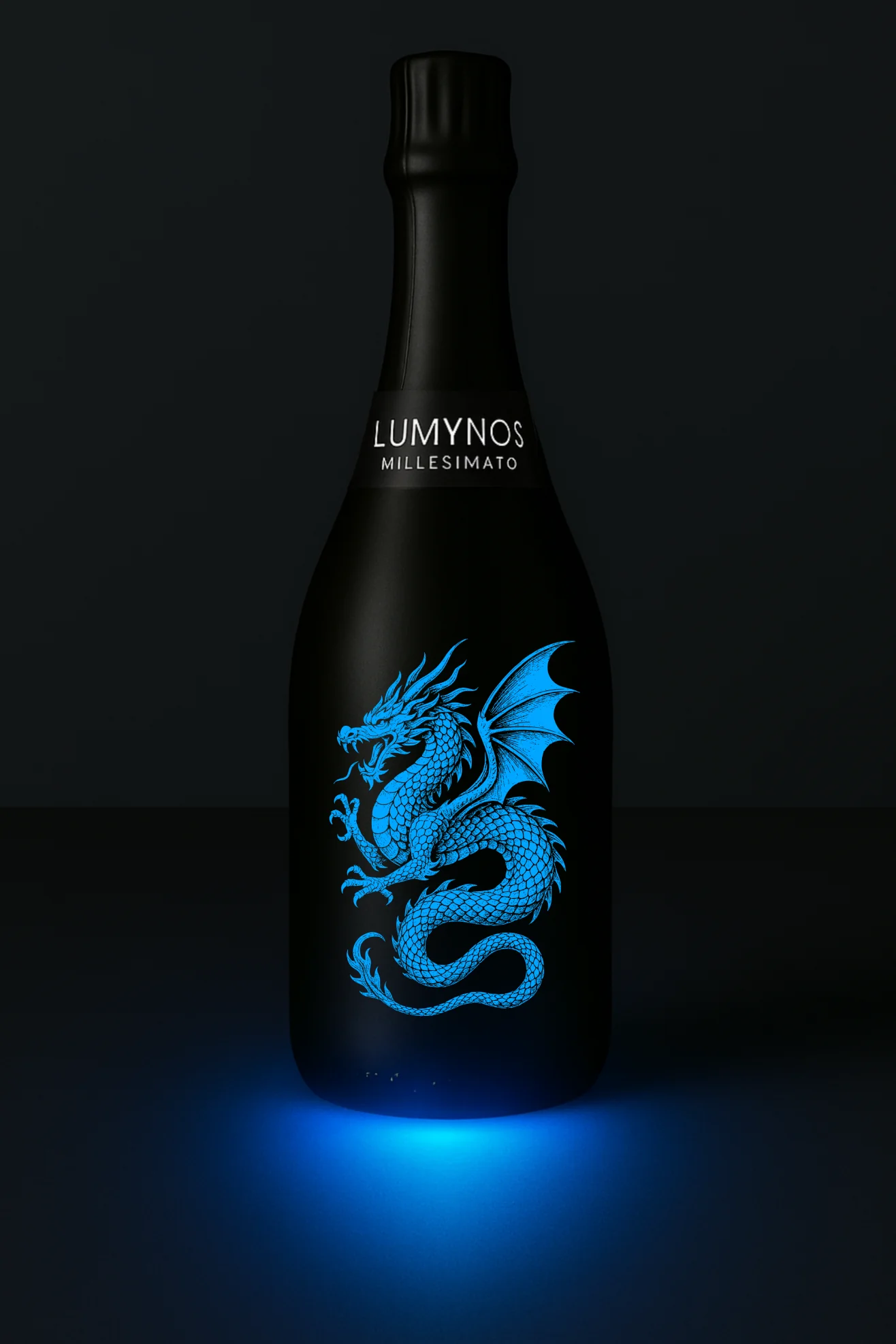 Láhev LUMYNOS s modře svítícím gravírováním draka